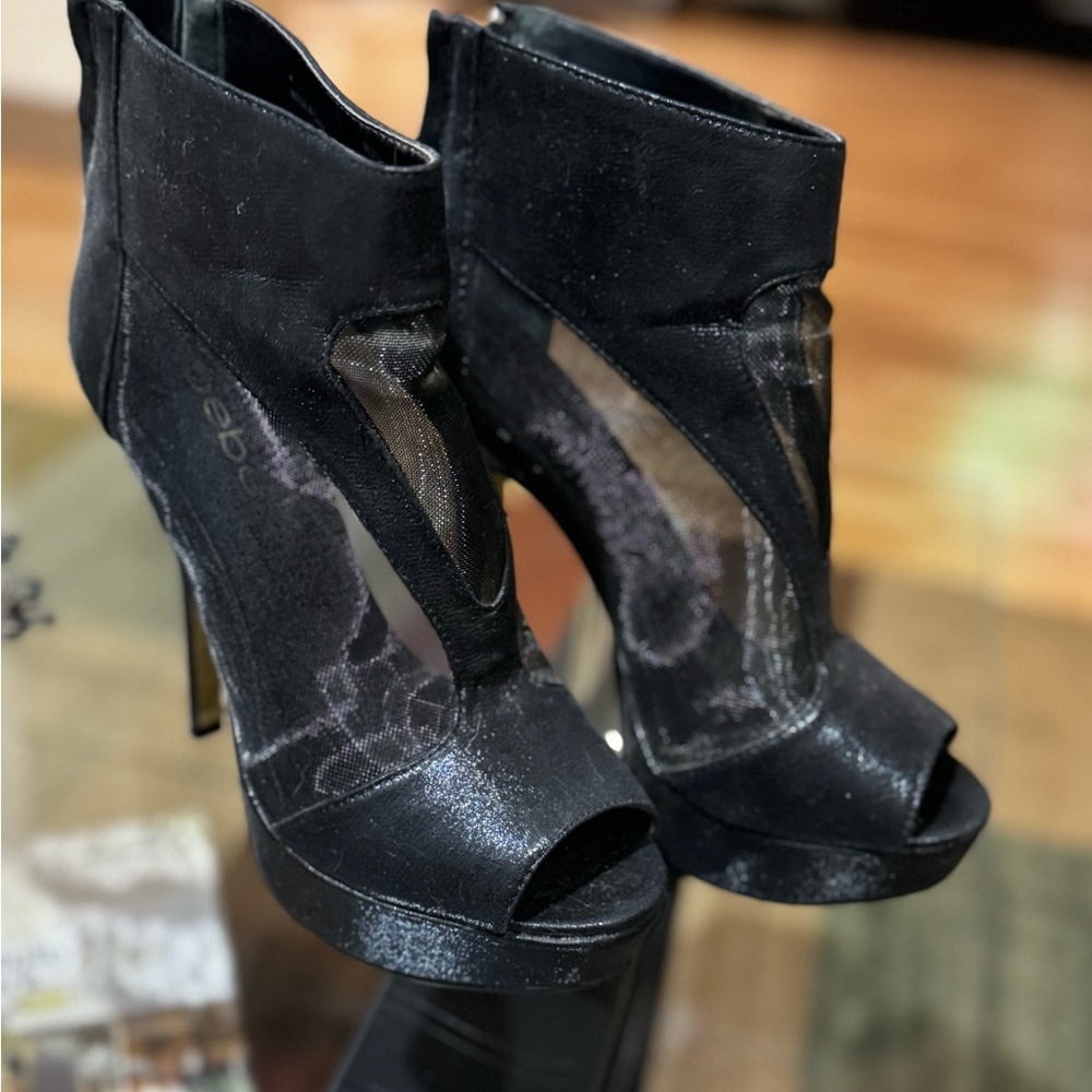 bebe Black Mesh Peep-Toe Heeled Boots